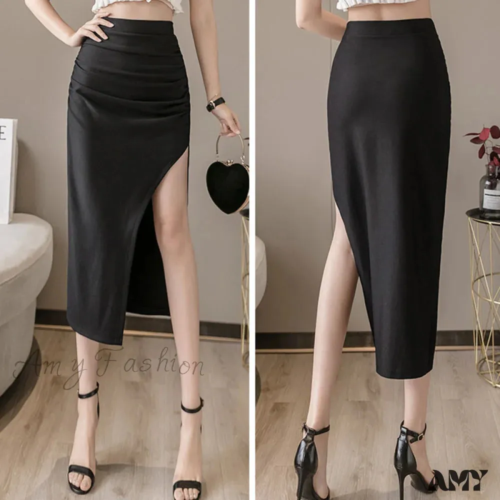 Amy Fashion - High Waist Black Slit Skirts