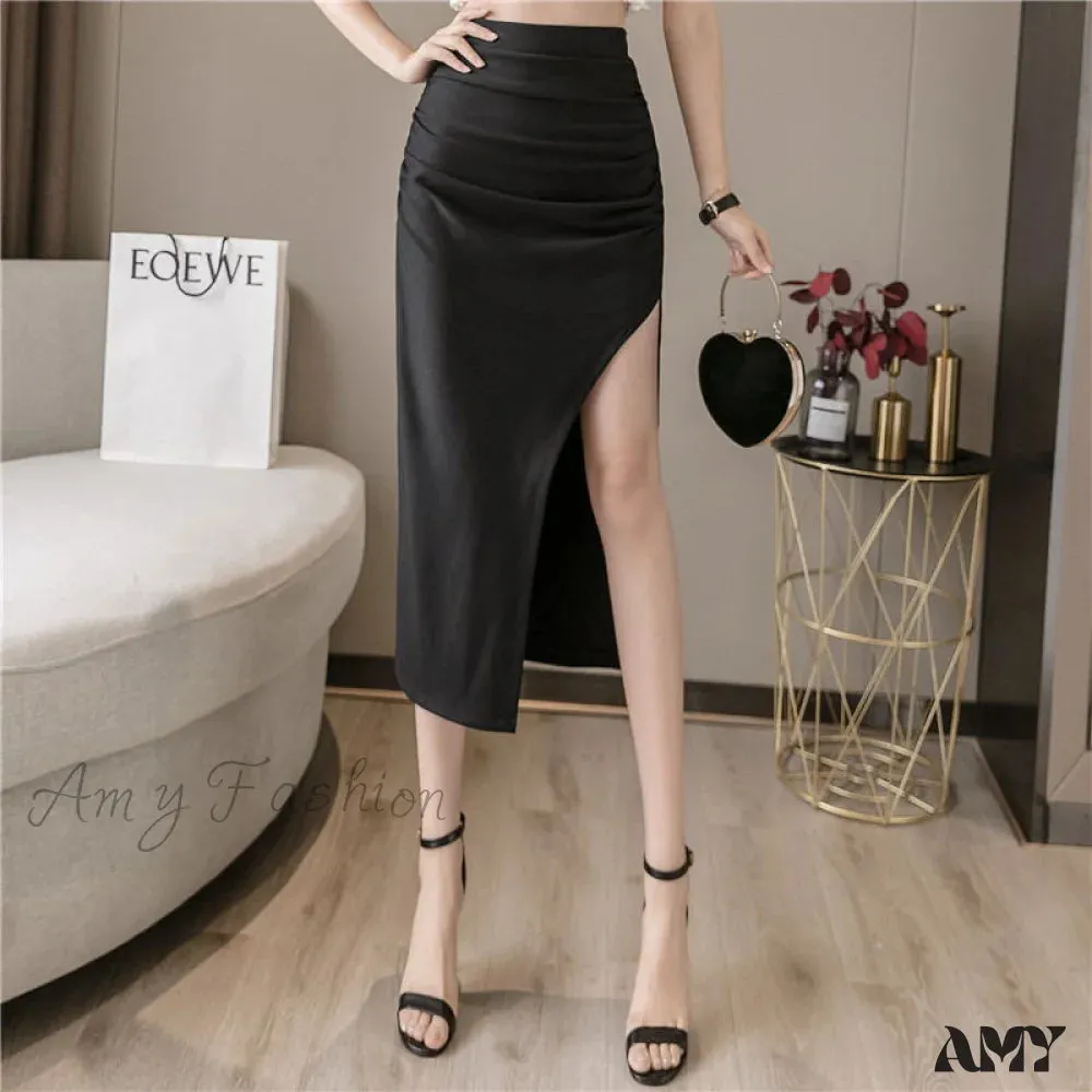 Amy Fashion - High Waist Black Slit Skirts