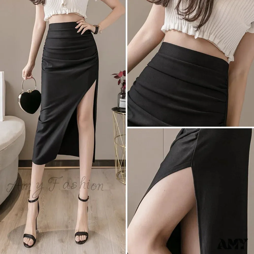 Amy Fashion - High Waist Black Slit Skirts