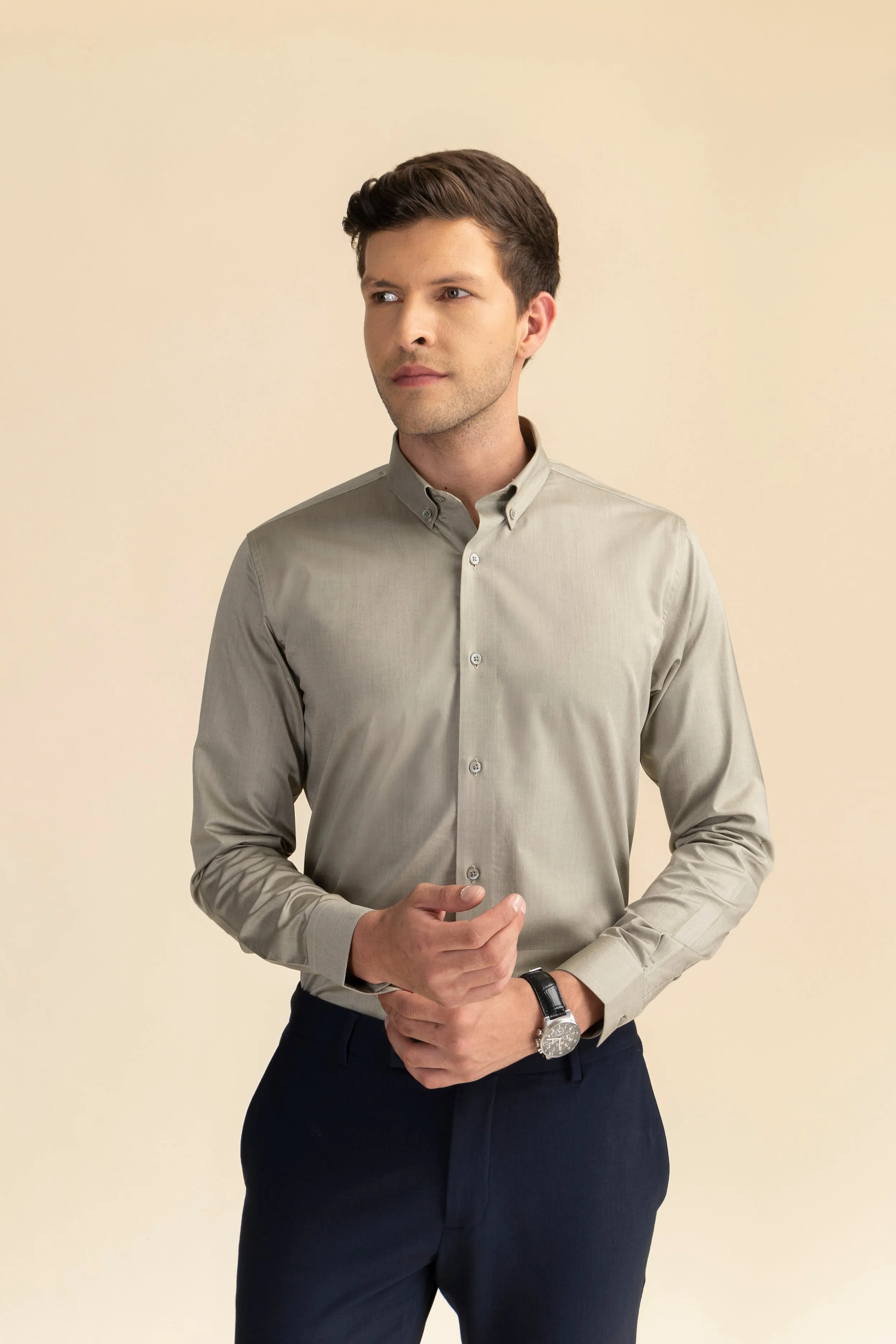 Beige Poplin Solid Shirt