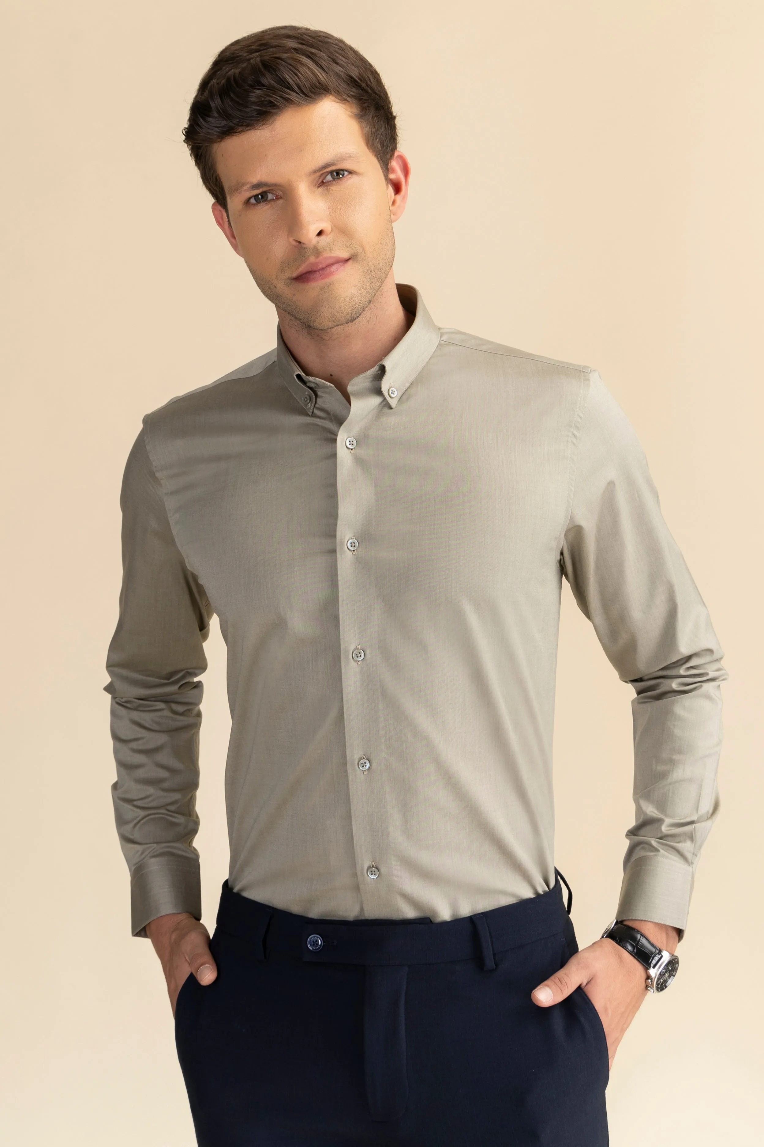 Beige Poplin Solid Shirt