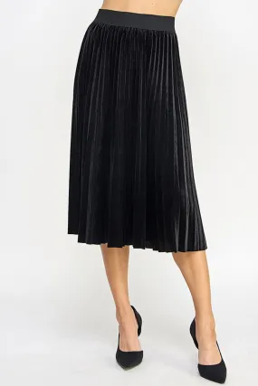 Black Velvet Pleated Midi Skirt