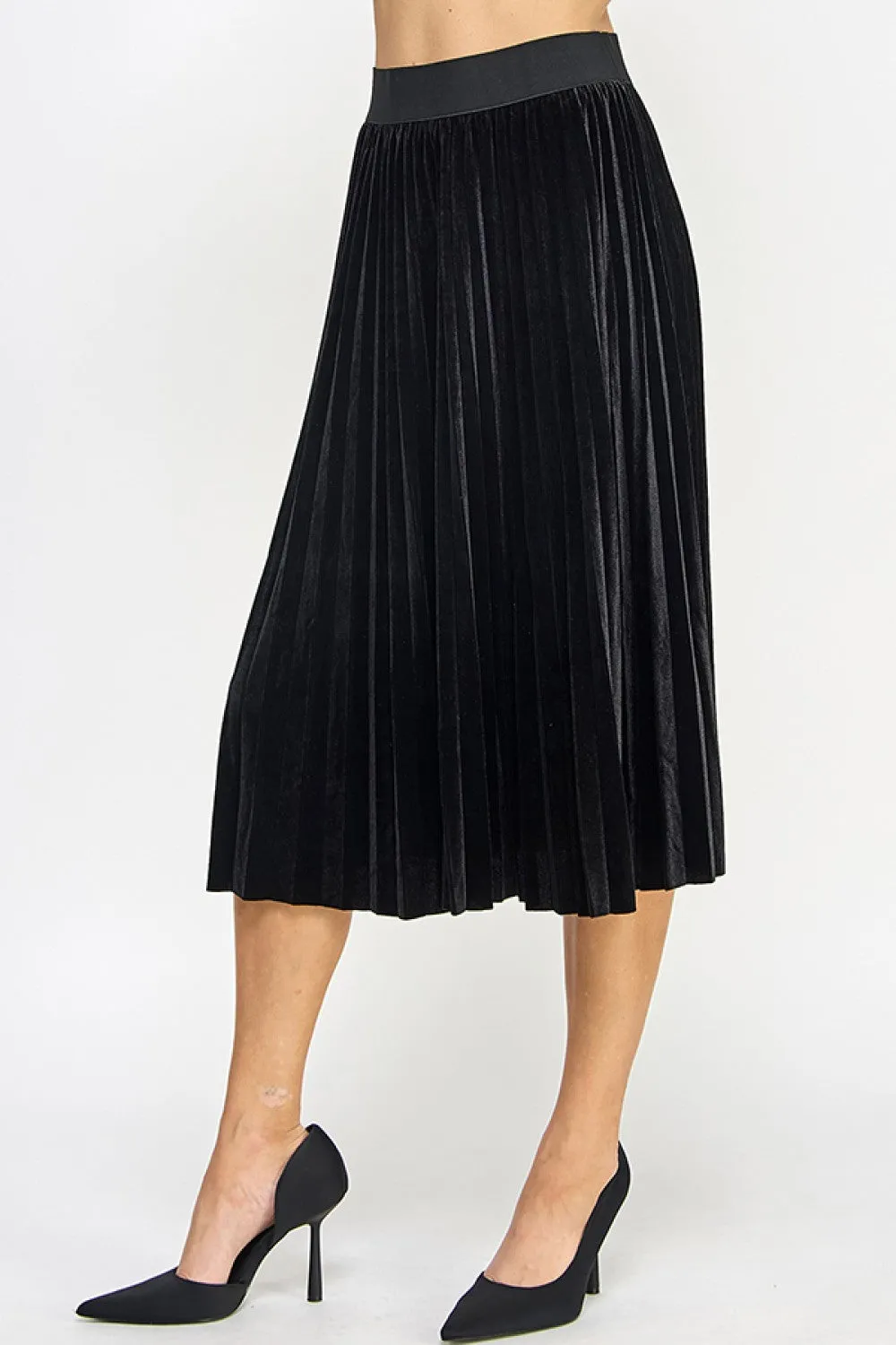 Black Velvet Pleated Midi Skirt