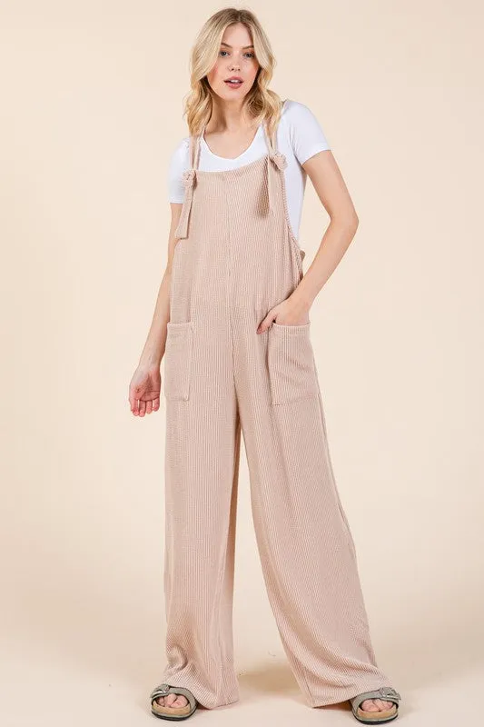 Blue Zone Planet |  BOMBOM Knot Straps Wide Leg Ribbed Overalls with Pockets