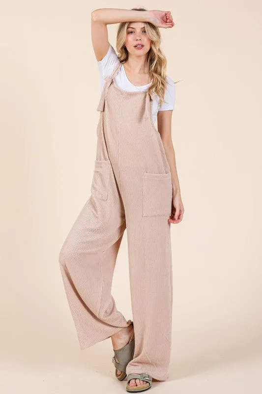 Blue Zone Planet |  BOMBOM Knot Straps Wide Leg Ribbed Overalls with Pockets