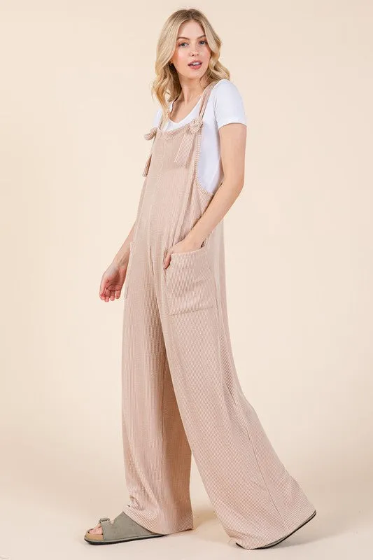 Blue Zone Planet |  BOMBOM Knot Straps Wide Leg Ribbed Overalls with Pockets