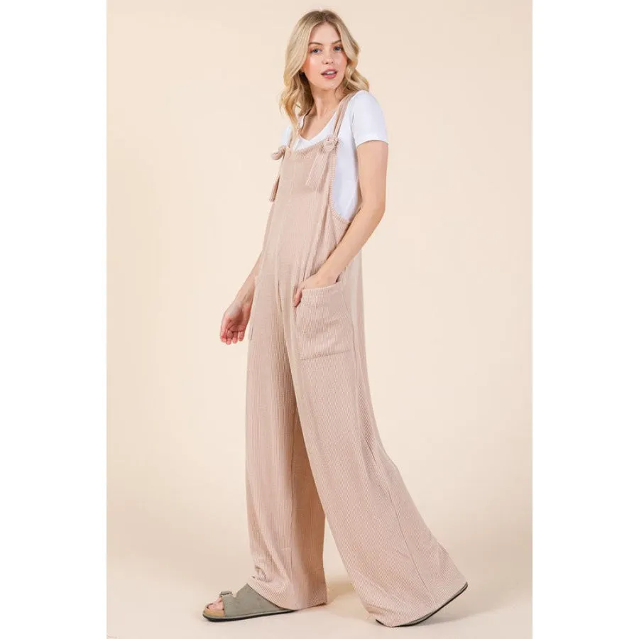 BOMBOM Knot Straps Wide Leg Ribbed Overalls with Pockets