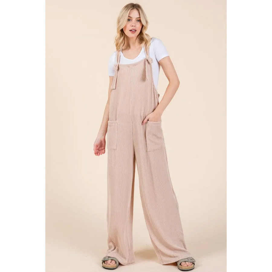 BOMBOM Knot Straps Wide Leg Ribbed Overalls with Pockets