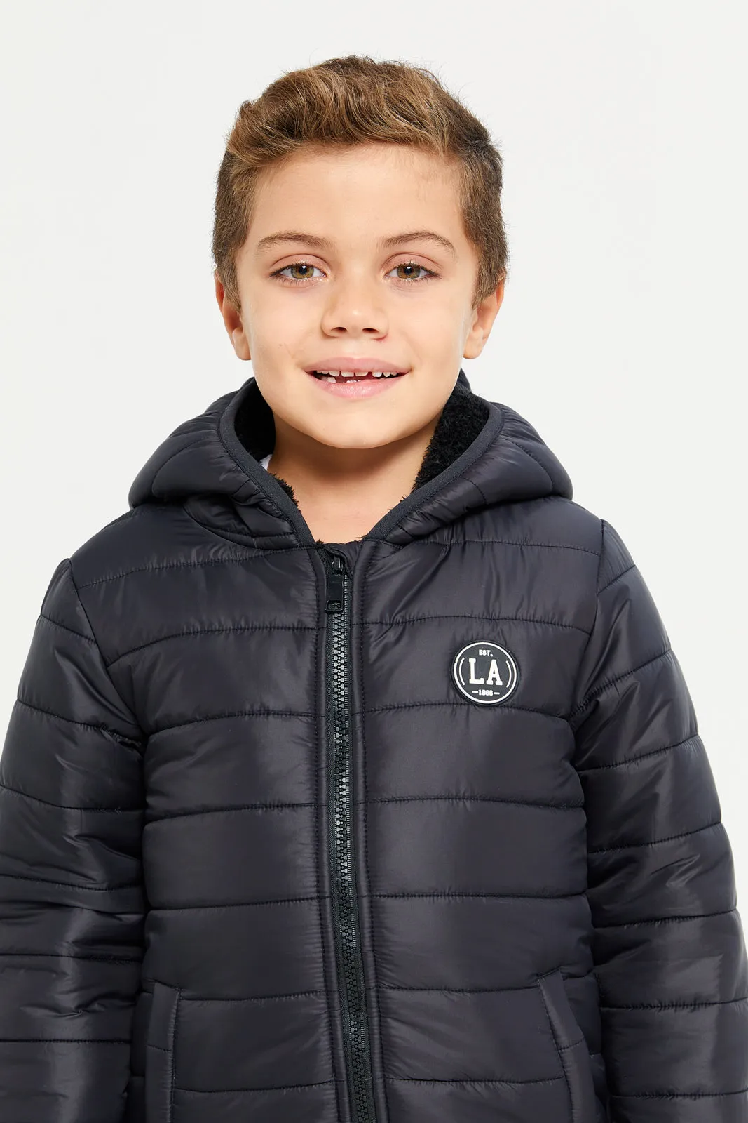 Boys Black Puffer Hooded Jacket