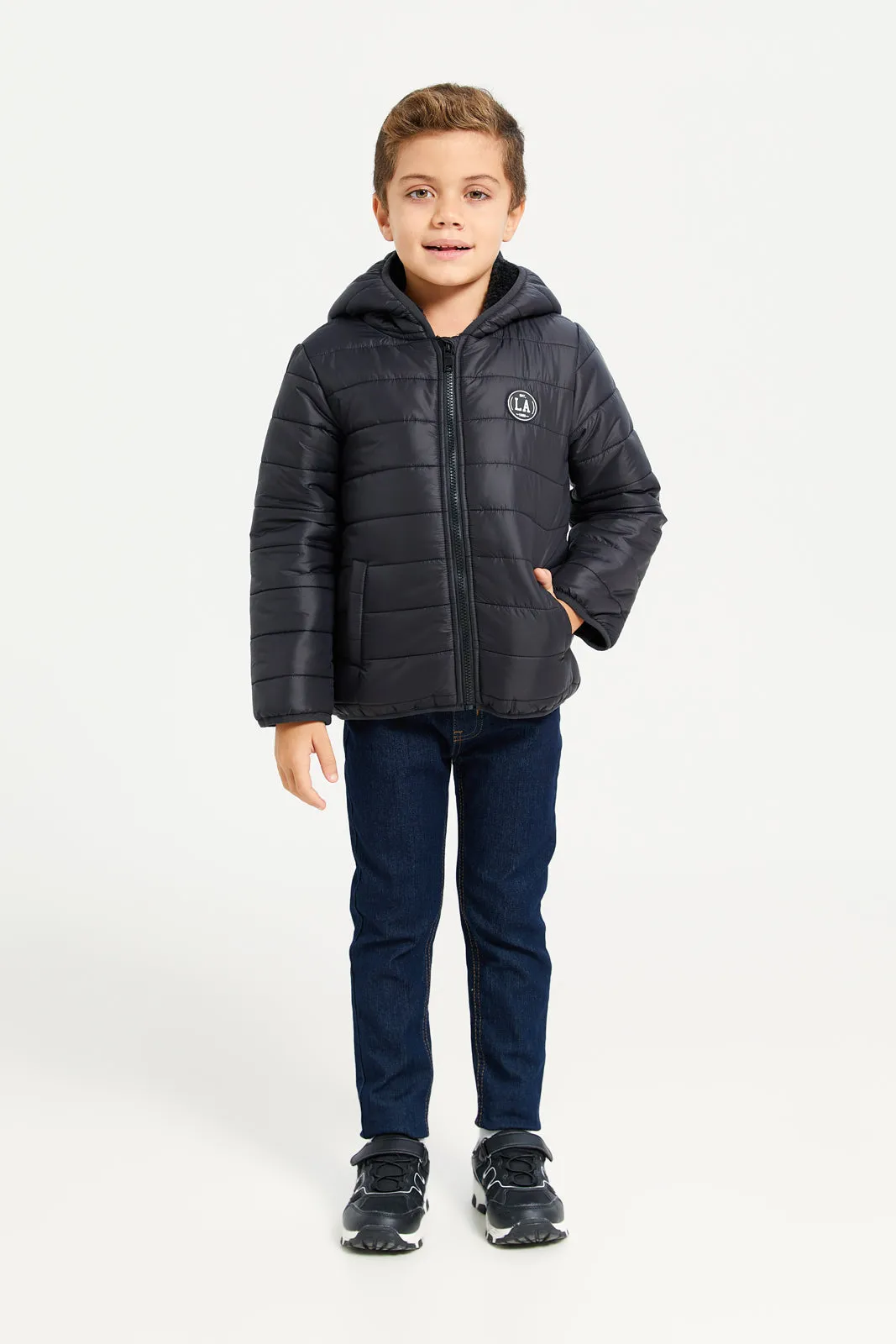 Boys Black Puffer Hooded Jacket