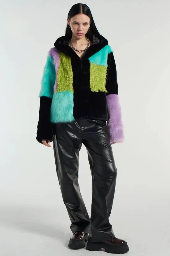 BRAT PATCHWORK FAUX FUR HOODED COAT