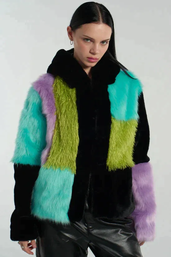 BRAT PATCHWORK FAUX FUR HOODED COAT