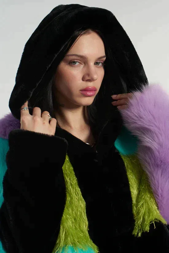 BRAT PATCHWORK FAUX FUR HOODED COAT