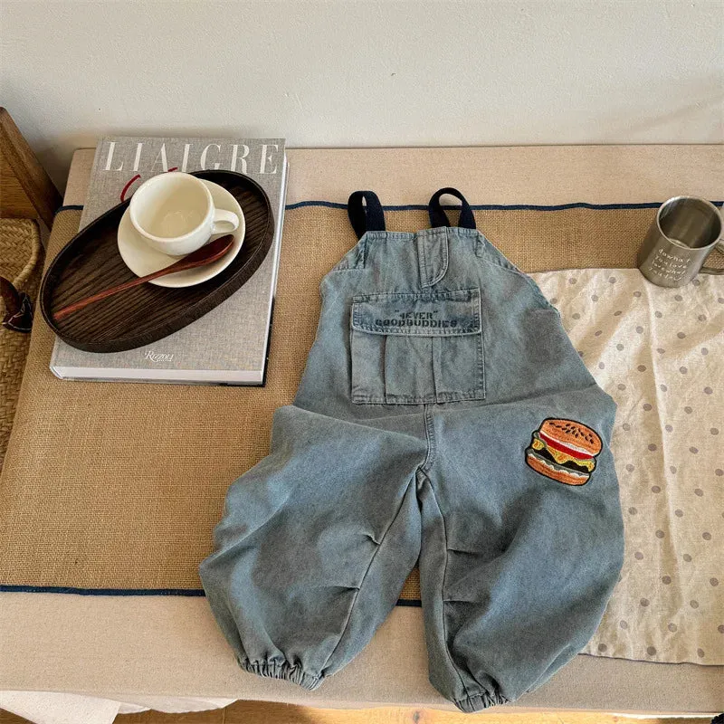 Burger Print Loose Denim Overalls