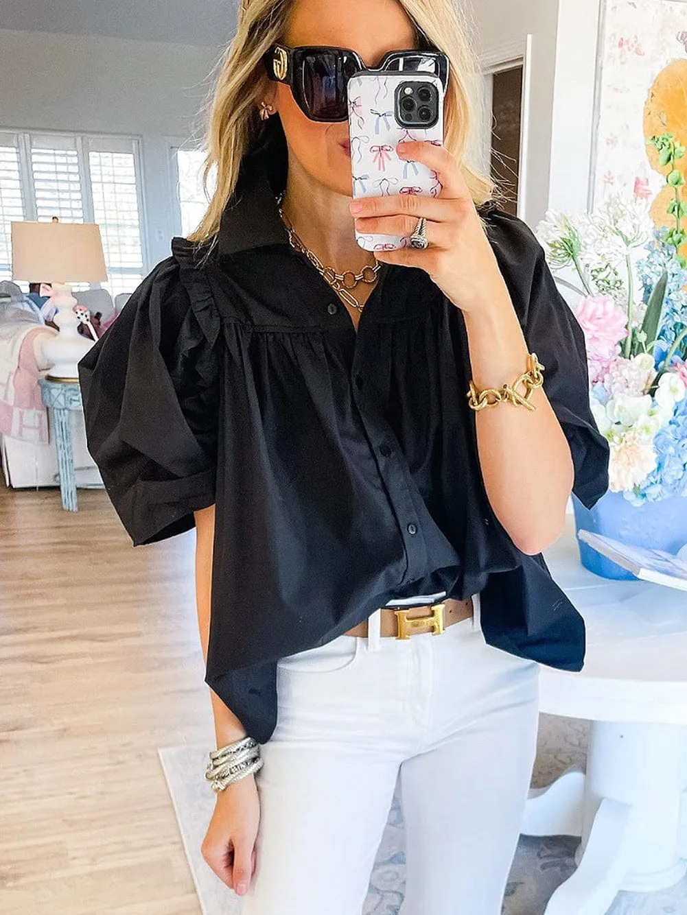 Casual Black Puff Sleeve Top