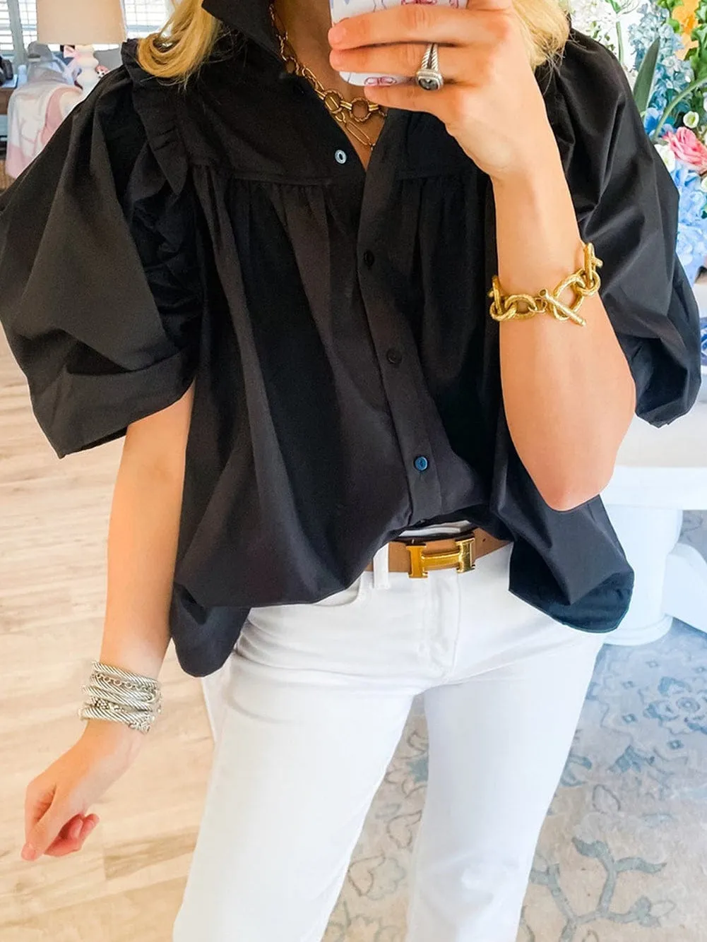 Casual Black Puff Sleeve Top