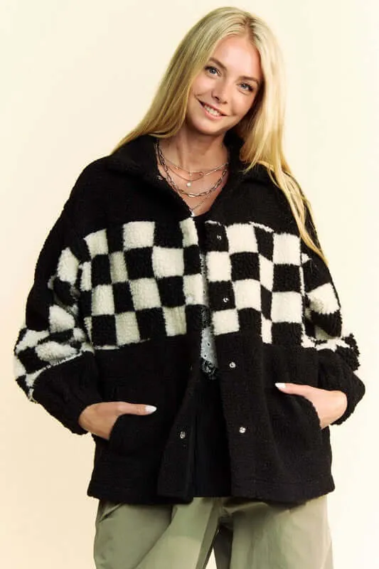 Checkered Snap Down Faux Fur Jacket