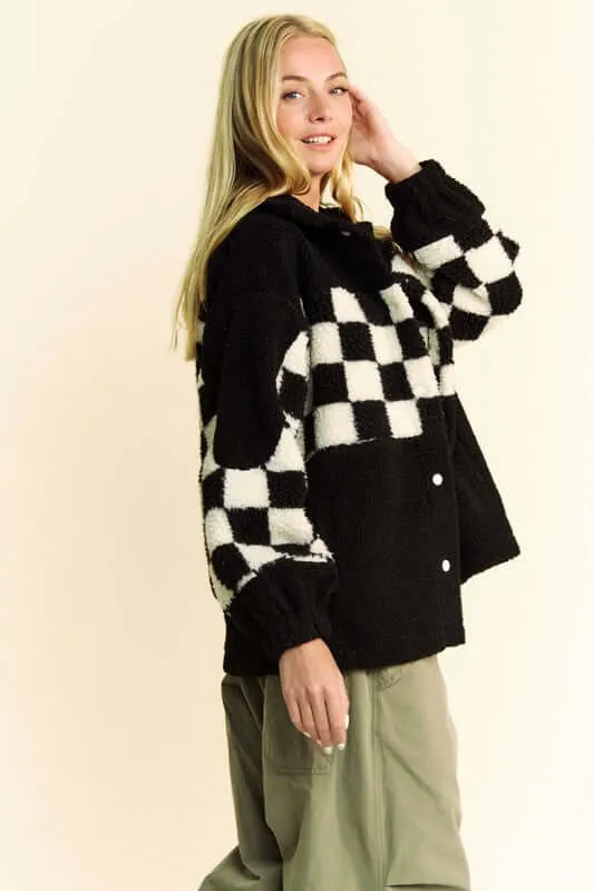 Checkered Snap Down Faux Fur Jacket