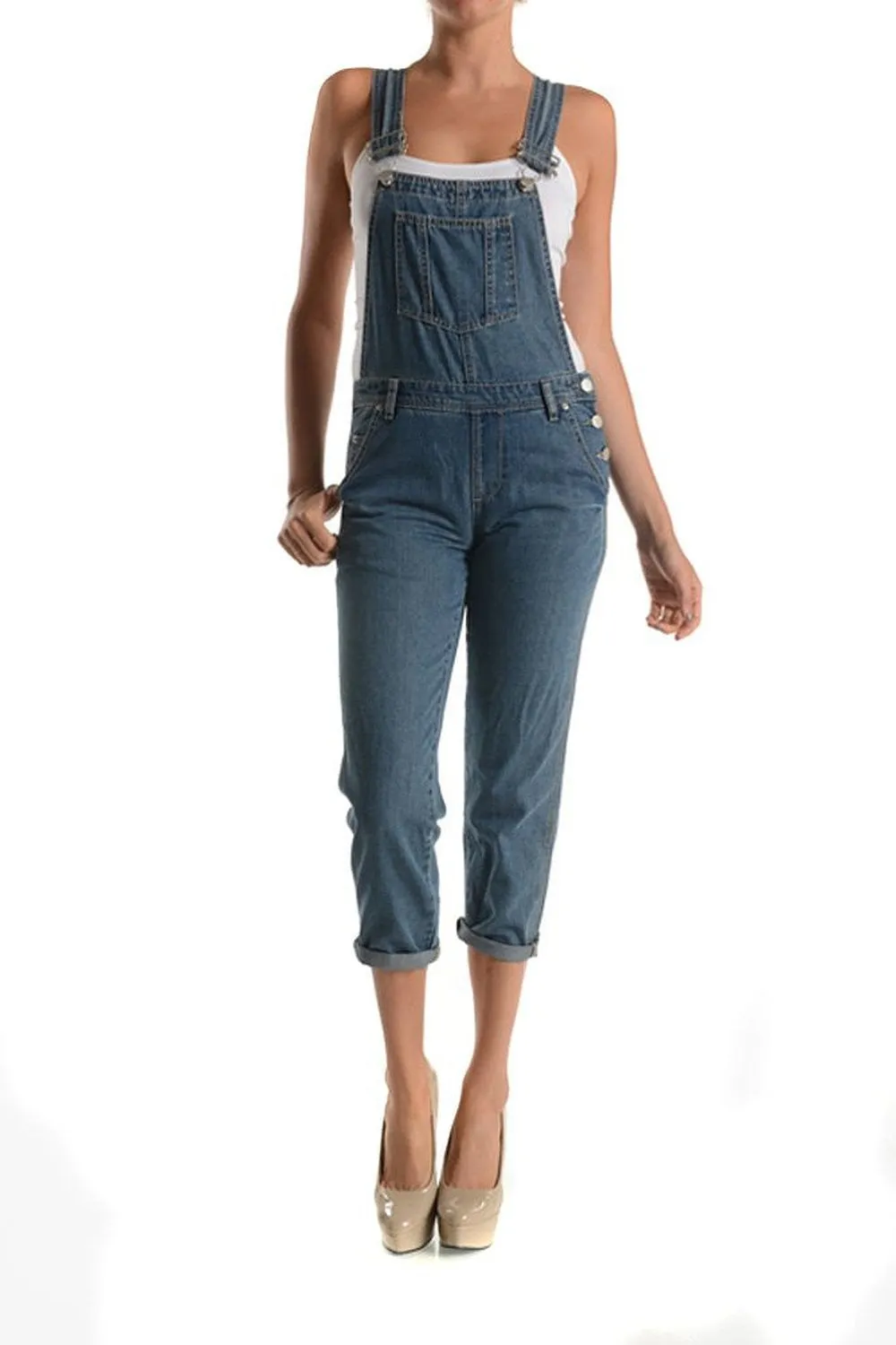 Classic Medium Wash Cropped Fashion Jumpsuit Denim Overalls