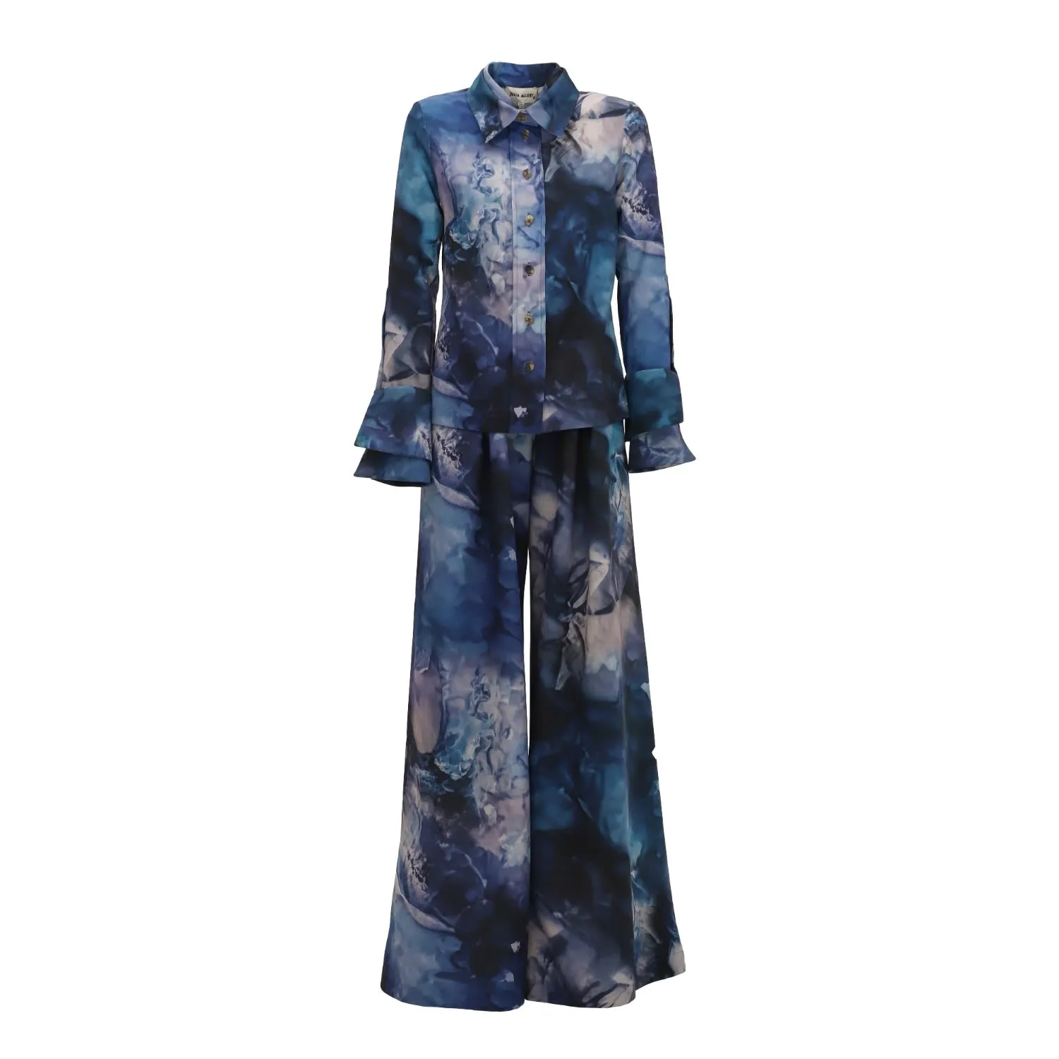 Co-Ord Set - Shirt And Wide-Leg Pants Abstract Print Blue