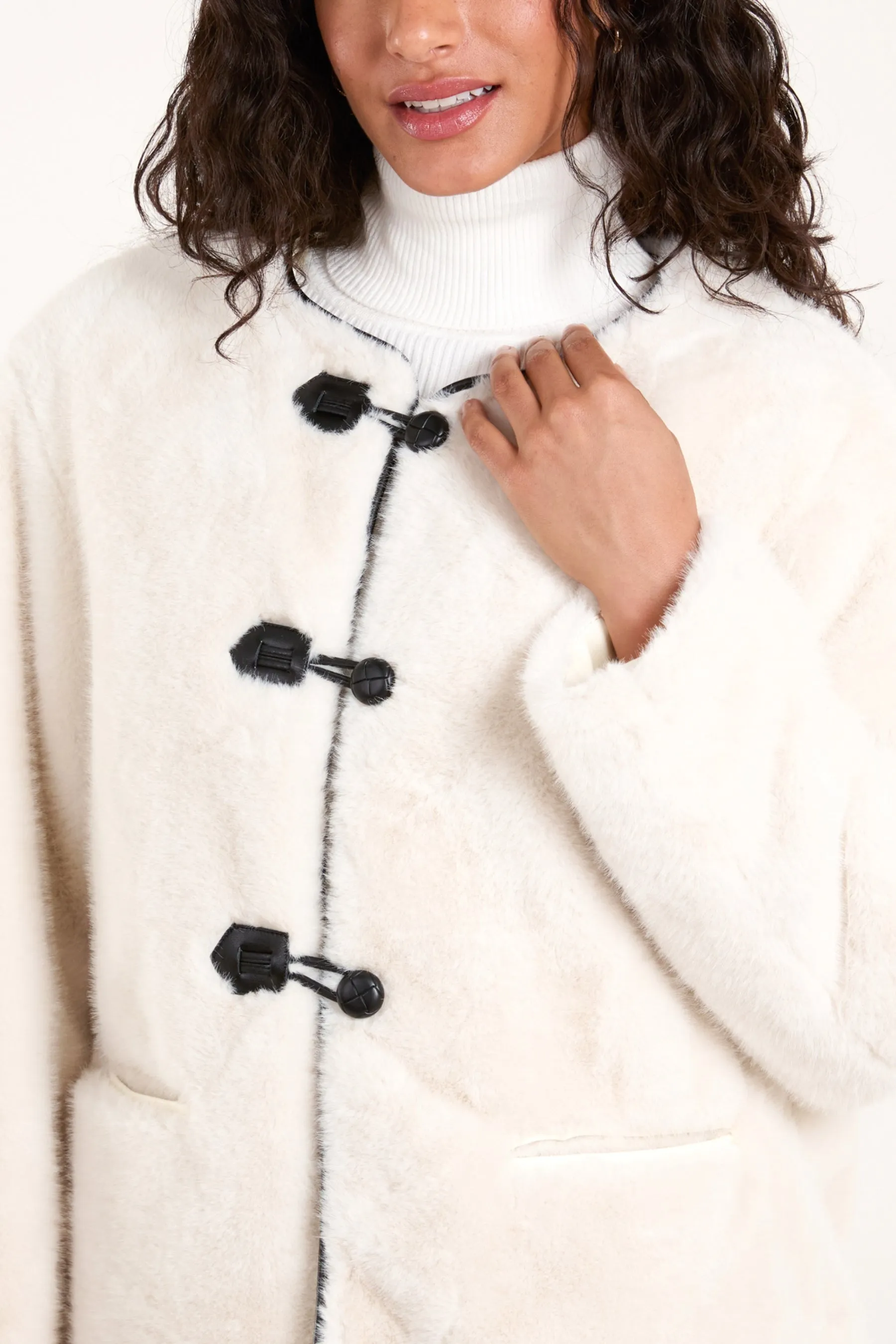 Collarless Toggle Detail Fur Jacket