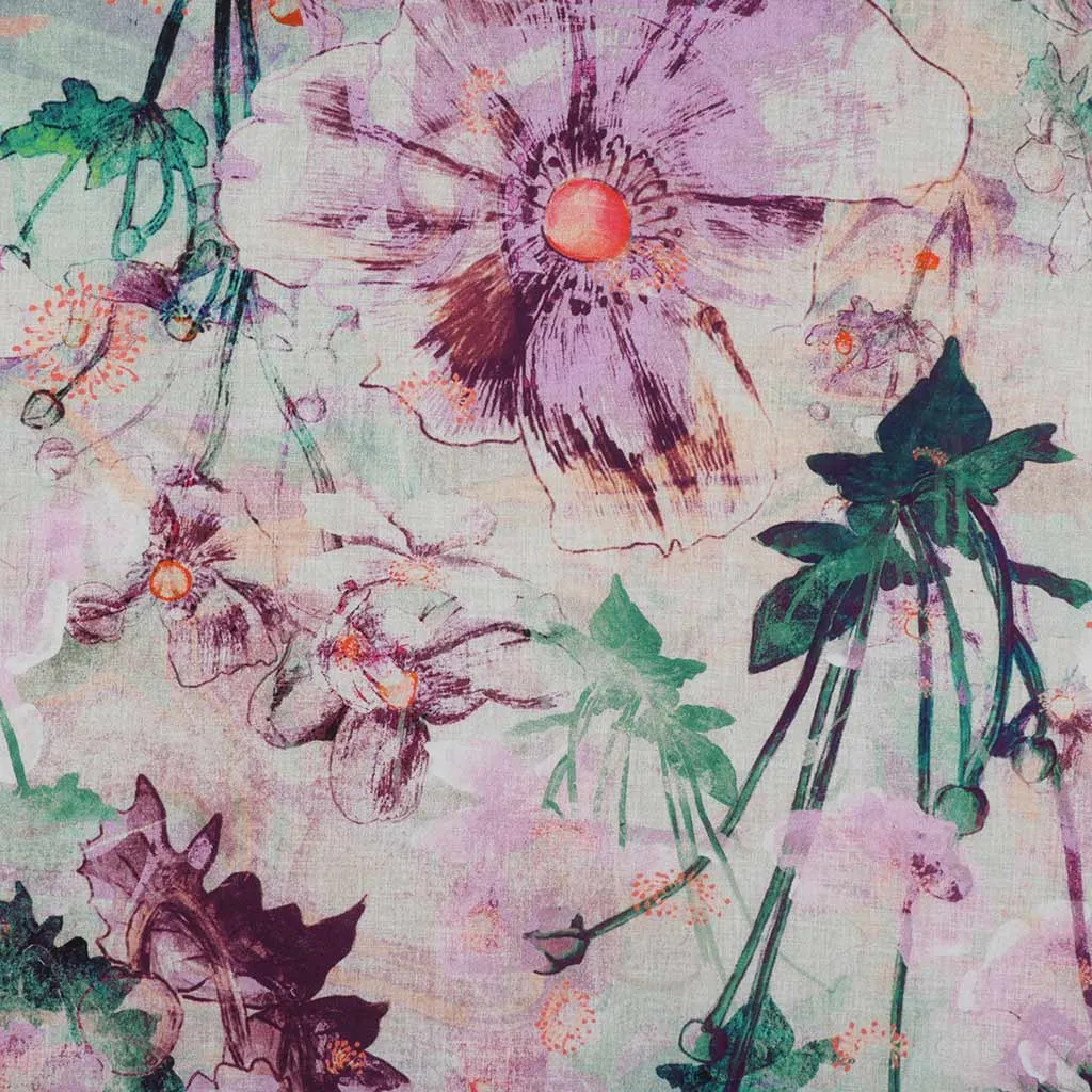 Cotton Satin - Lavender Japanese Anemone Woven Fabric by Nerida Hansen Sample