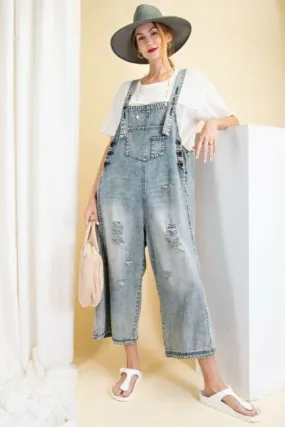 Easel Wide Leg Washed Denim Overalls