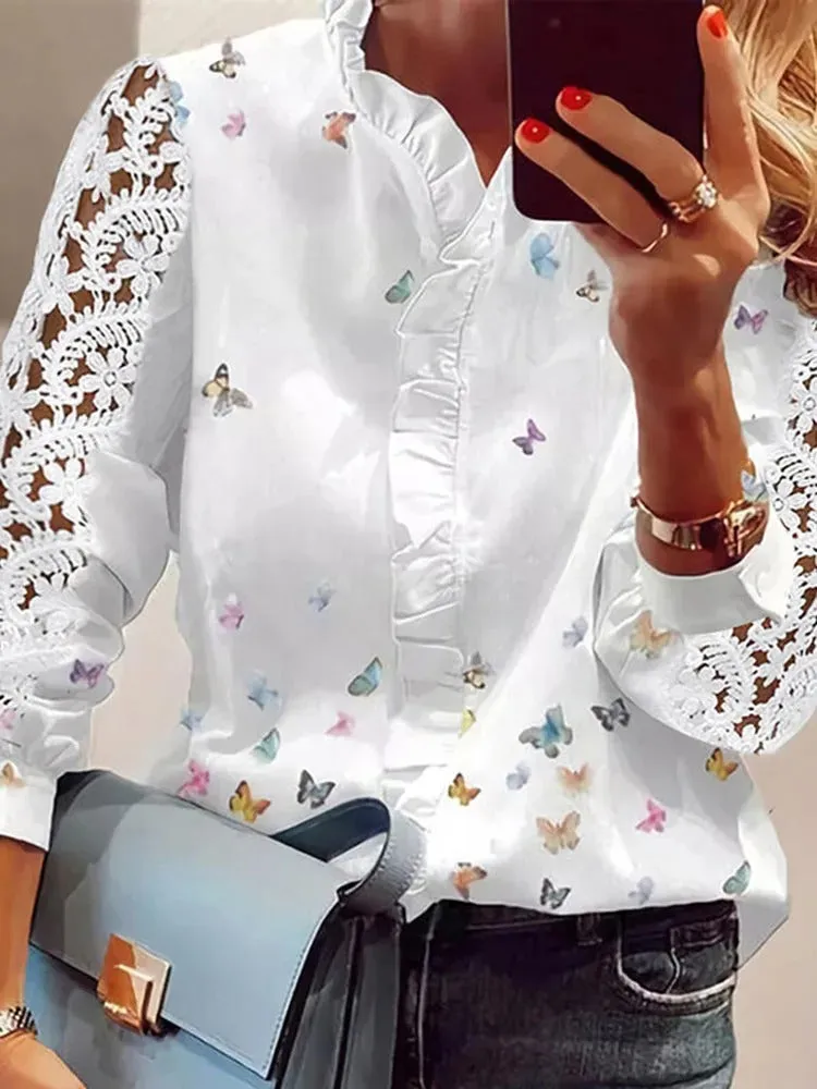 Elegant Lace Trim V-Neck Blouse for Women