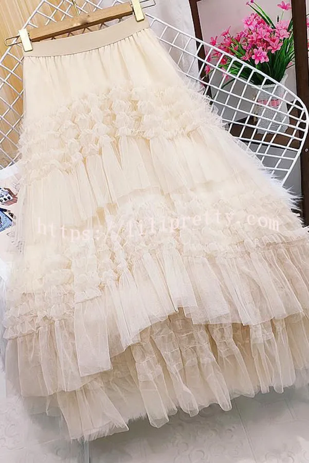 Elegant Mood Tulle Pleated Ruffle Elastic Waist Tiered Midi Skirt