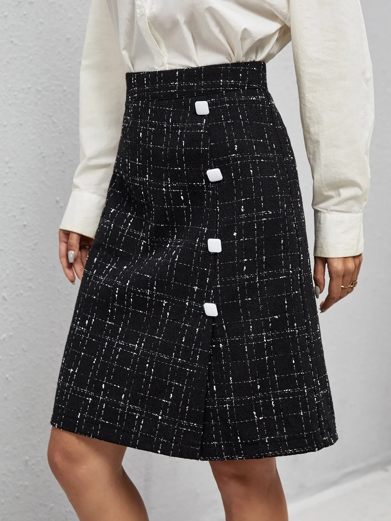 Elegant Plaid Button High Waist Knee Length Women Skirt