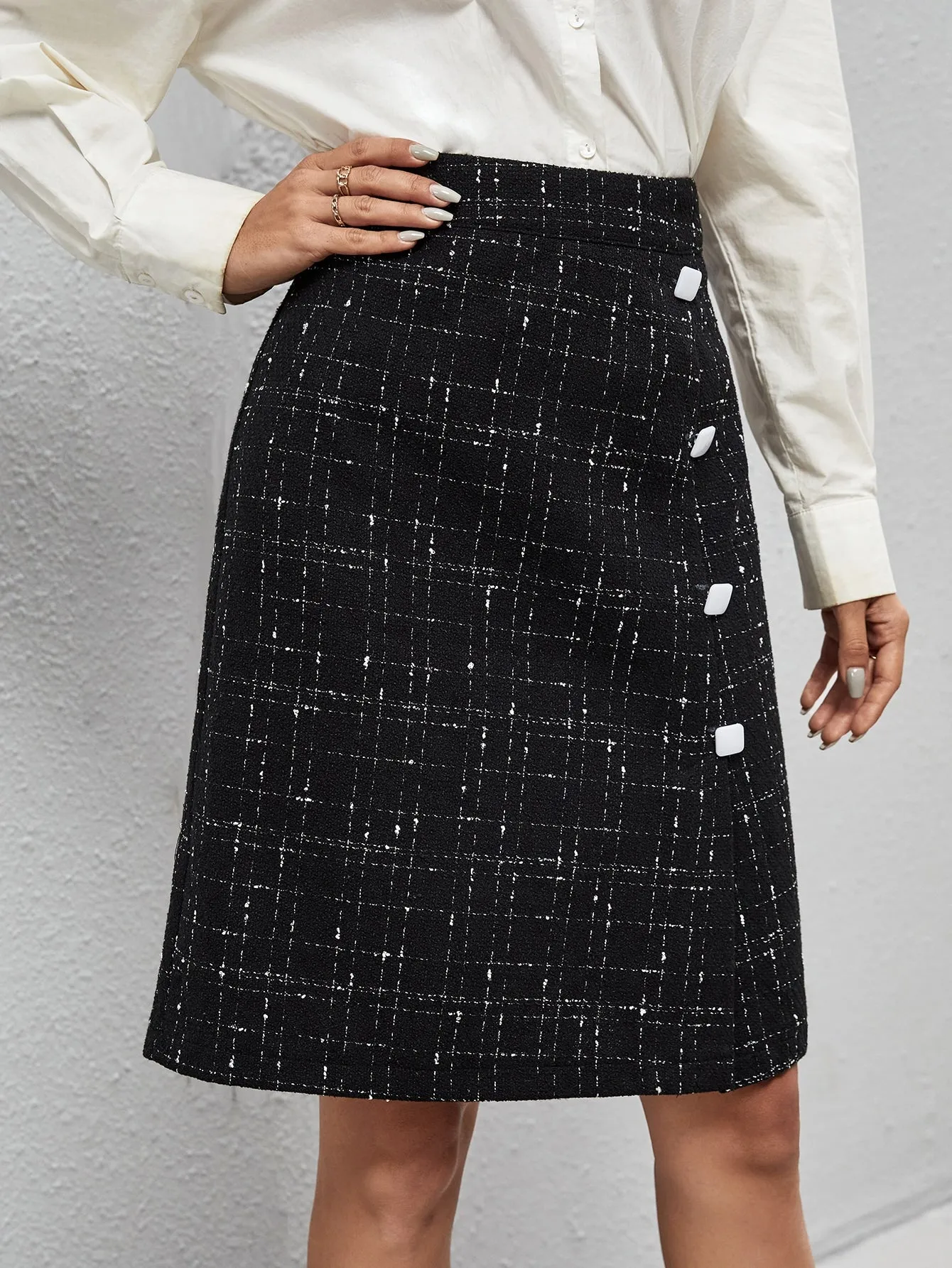 Elegant Plaid Button High Waist Knee Length Women Skirt