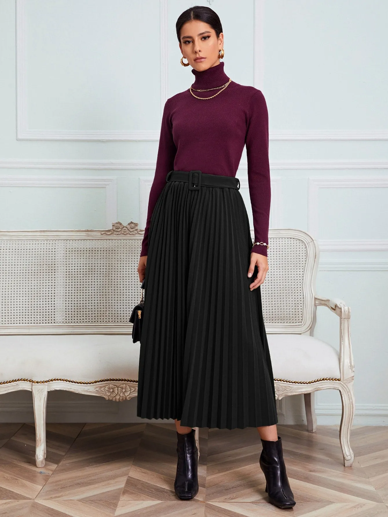 Elegant Plain Belted High Waist Long Women Skirts