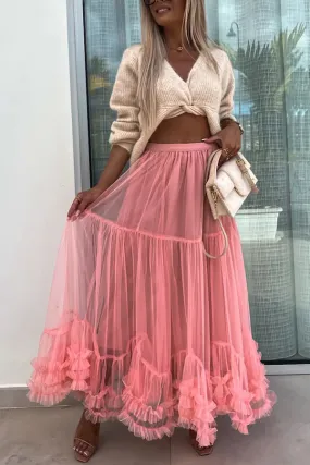 Elegant Tulle Stretch Waist Paneled Pleated Maxi Skirt