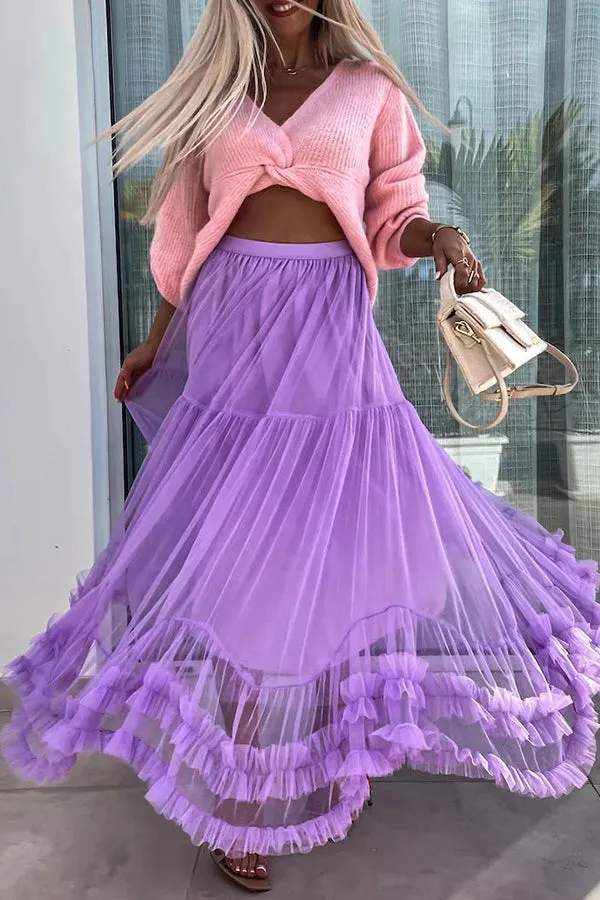 Elegant Tulle Stretch Waist Paneled Pleated Maxi Skirt