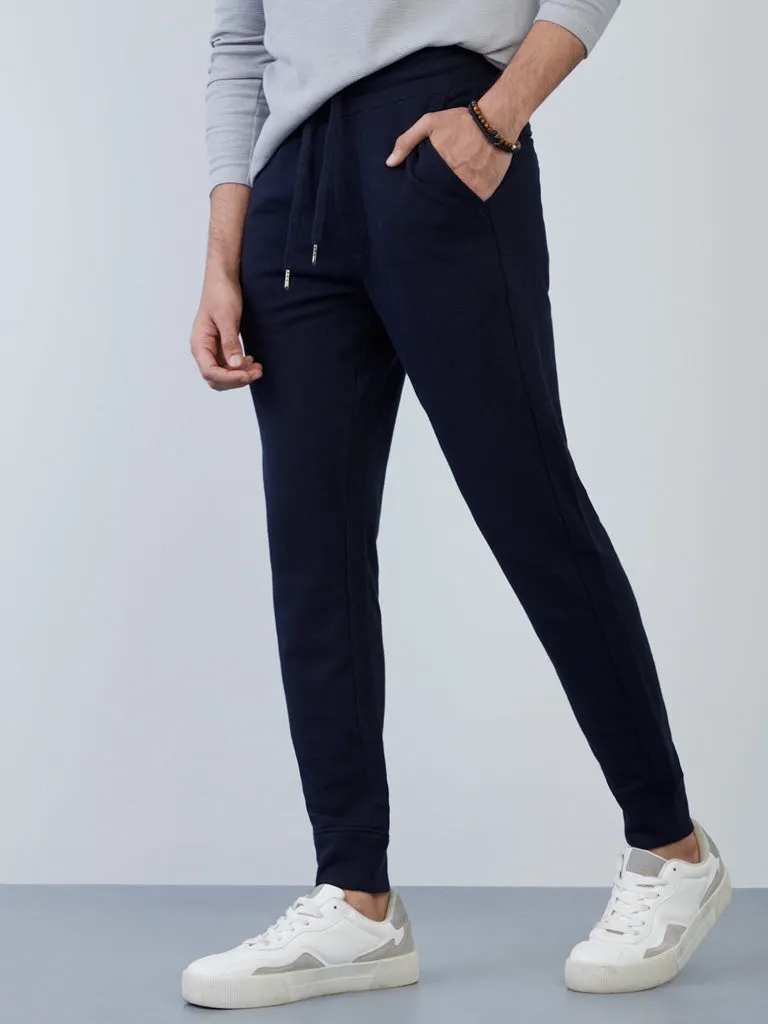 ETA Navy Knit-Textured Slim-Fit Mid-Rise Cotton-Blend Joggers