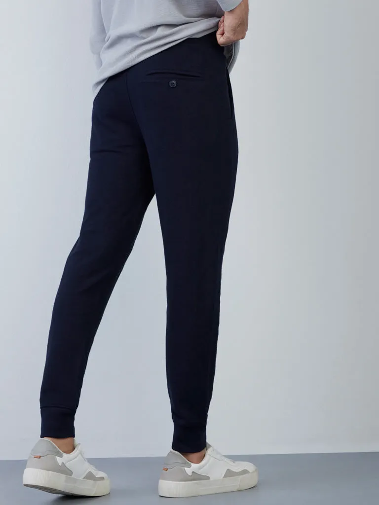 ETA Navy Knit-Textured Slim-Fit Mid-Rise Cotton-Blend Joggers