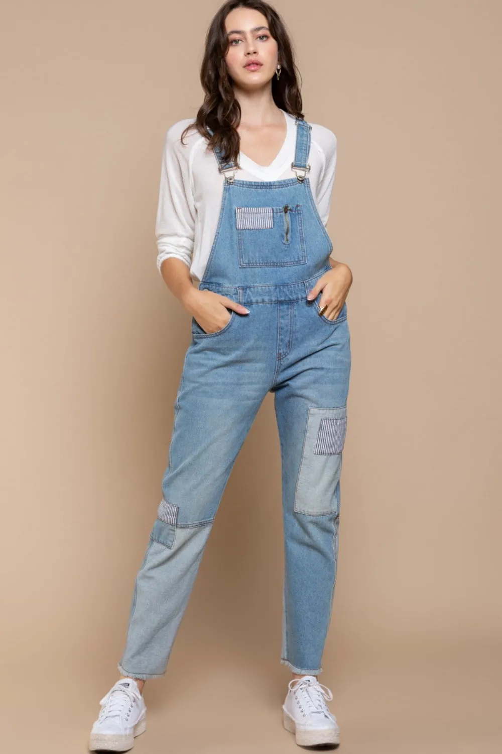 Front Chest Zipper Slim Leg Denim Overalls