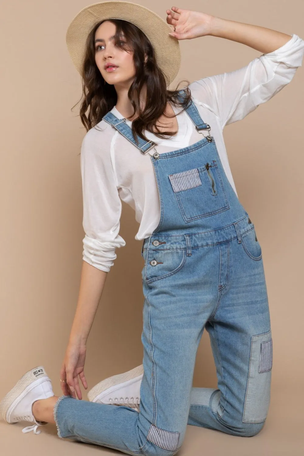 Front Chest Zipper Slim Leg Denim Overalls