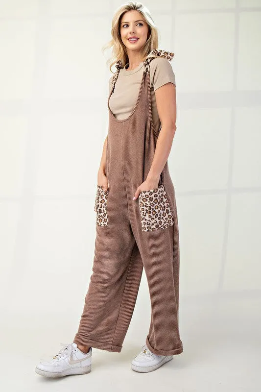 Full Size Ribbed Leopard Tied Shoulder Overalls