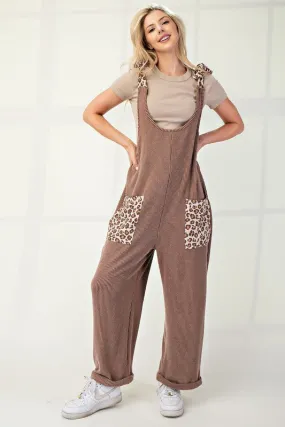 Full Size Ribbed Leopard Tied Shoulder Overalls