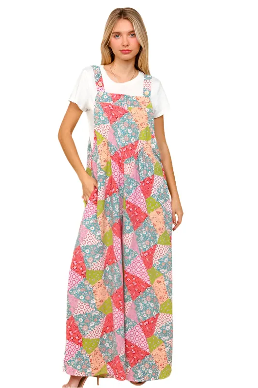 Haptics Full Size Printed Wide Leg Overalls with Side Pockets