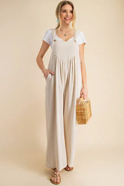 Kori America Sleeveless Ruched Wide Leg Overalls