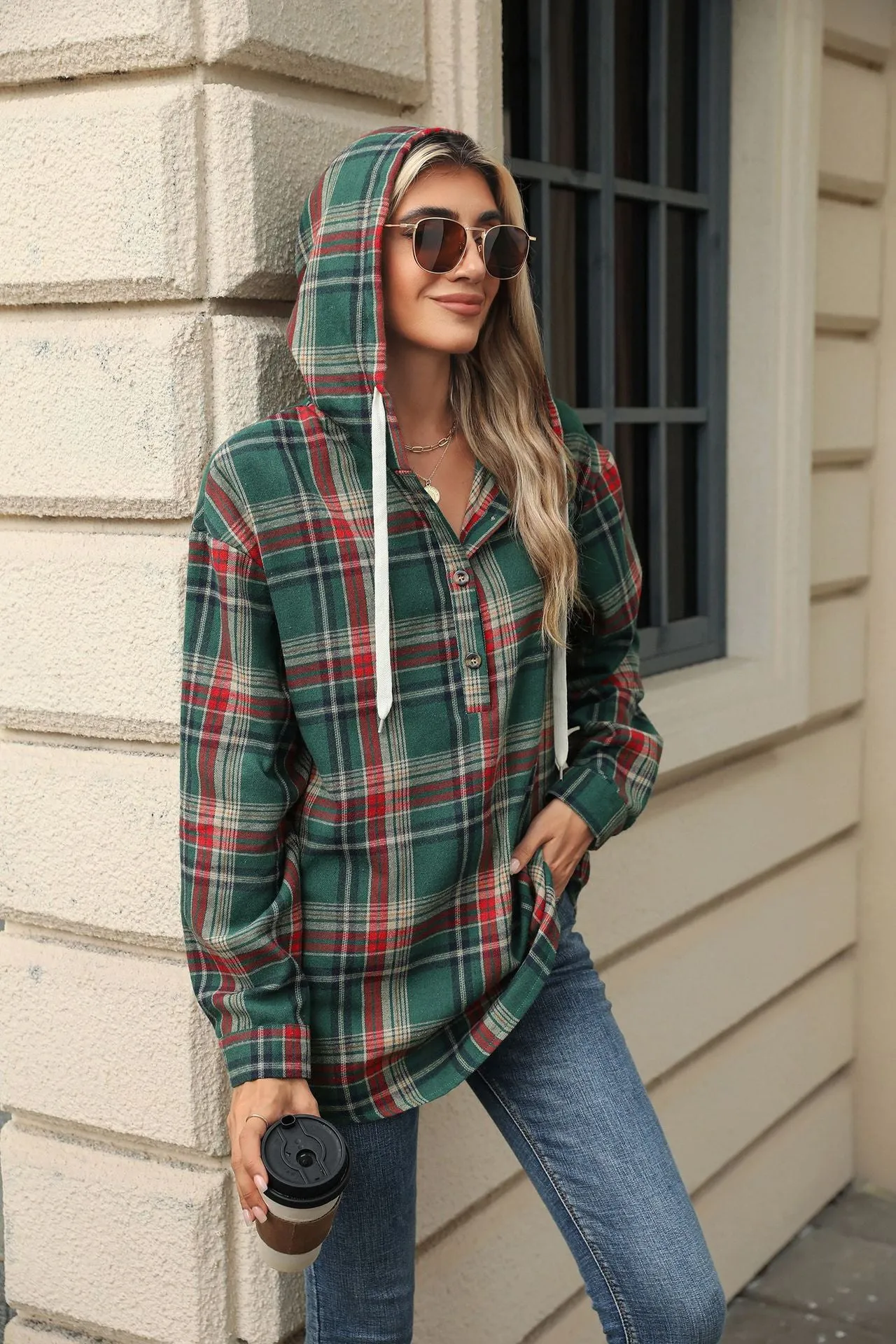 Long Sleeve Hooded Button Plaid Jacket Sweater