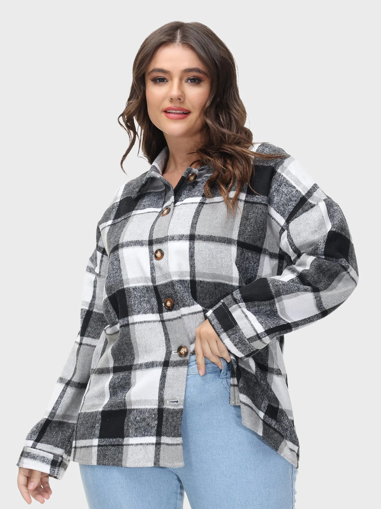 Long Sleeves Loose Lapel Plaid Tweed Jacket