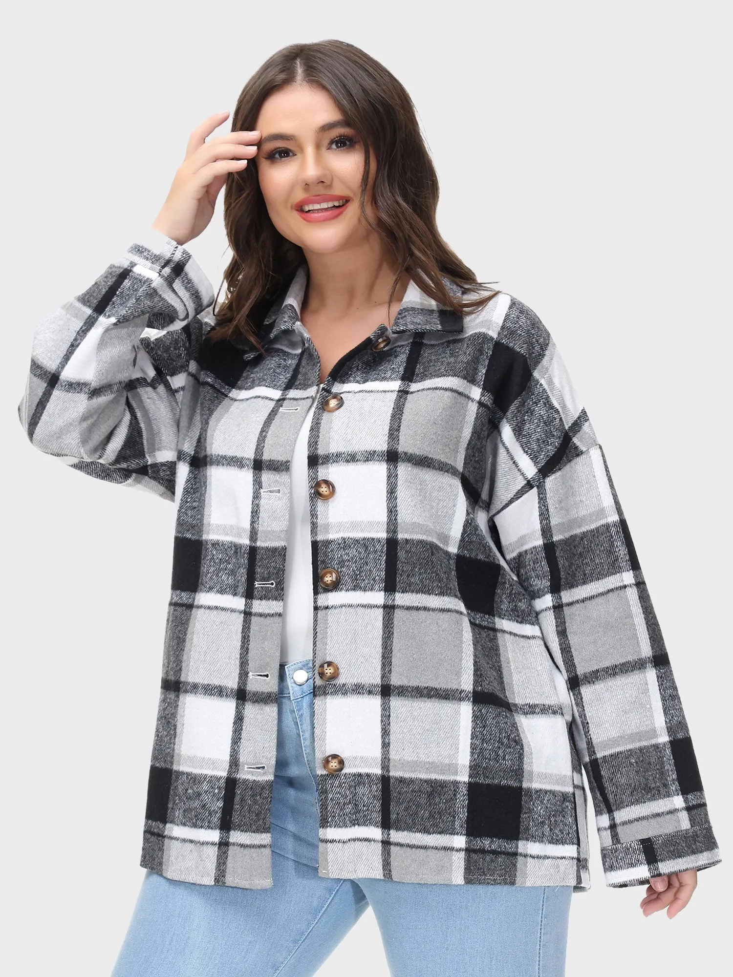 Long Sleeves Loose Lapel Plaid Tweed Jacket