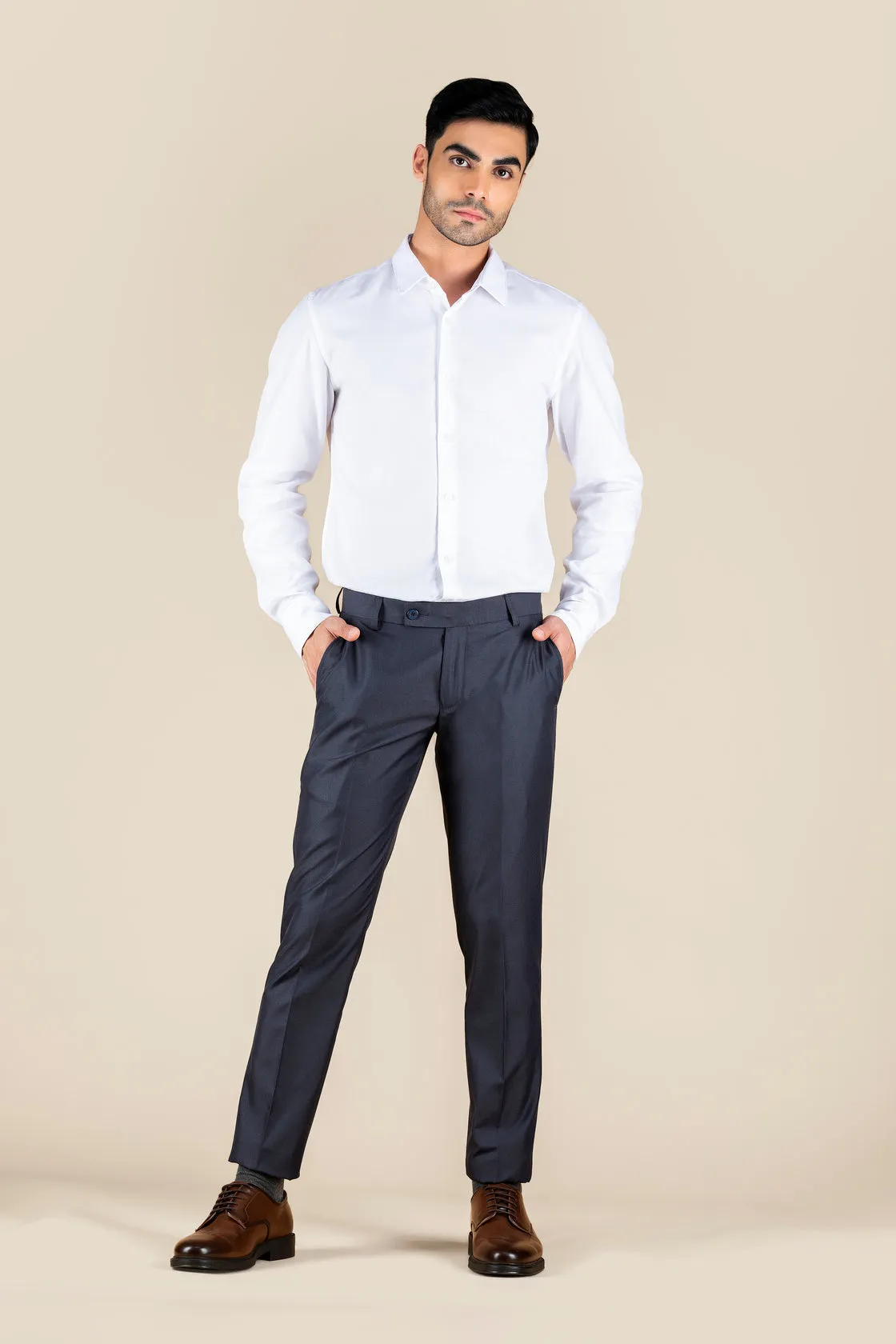 Men's Navy Slim Fit Non Stretch Formal Trouser With Flat Front