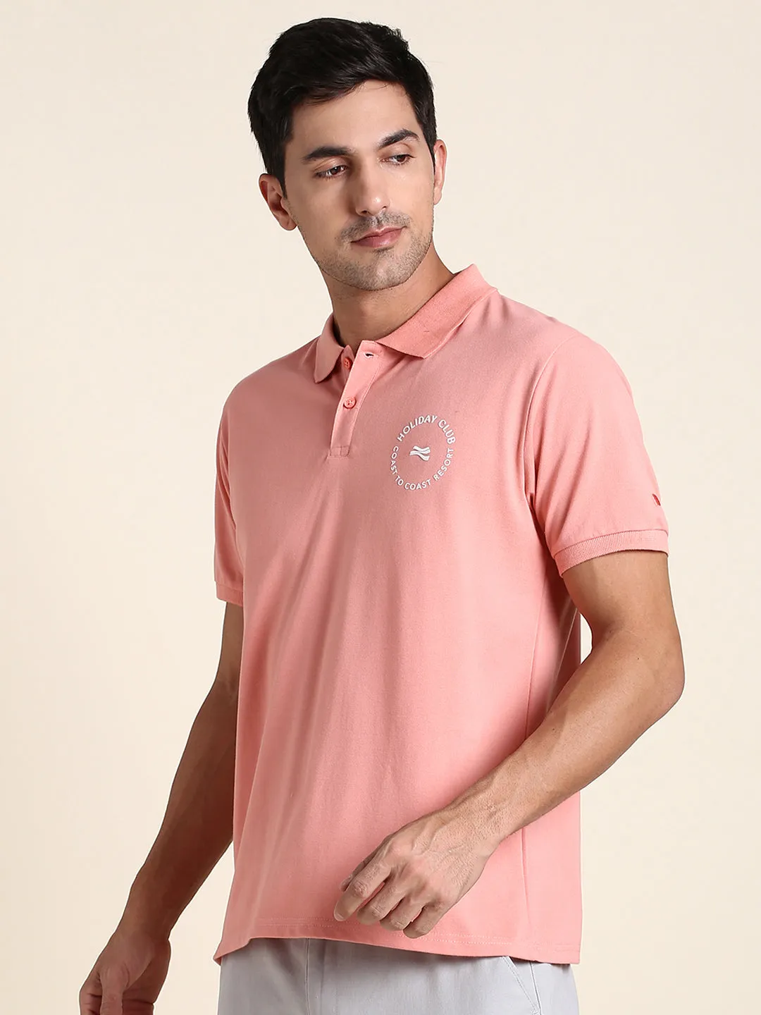 Men's Soft And Stretchy Fabric Pink Casual Polo Tshirt