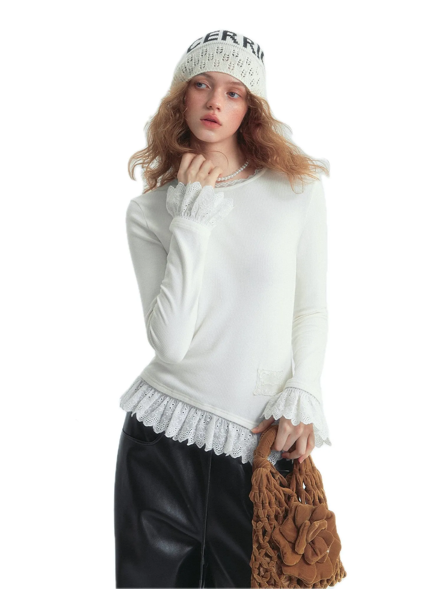 Petal Lace Warm Fleece Bottoming T-shirt