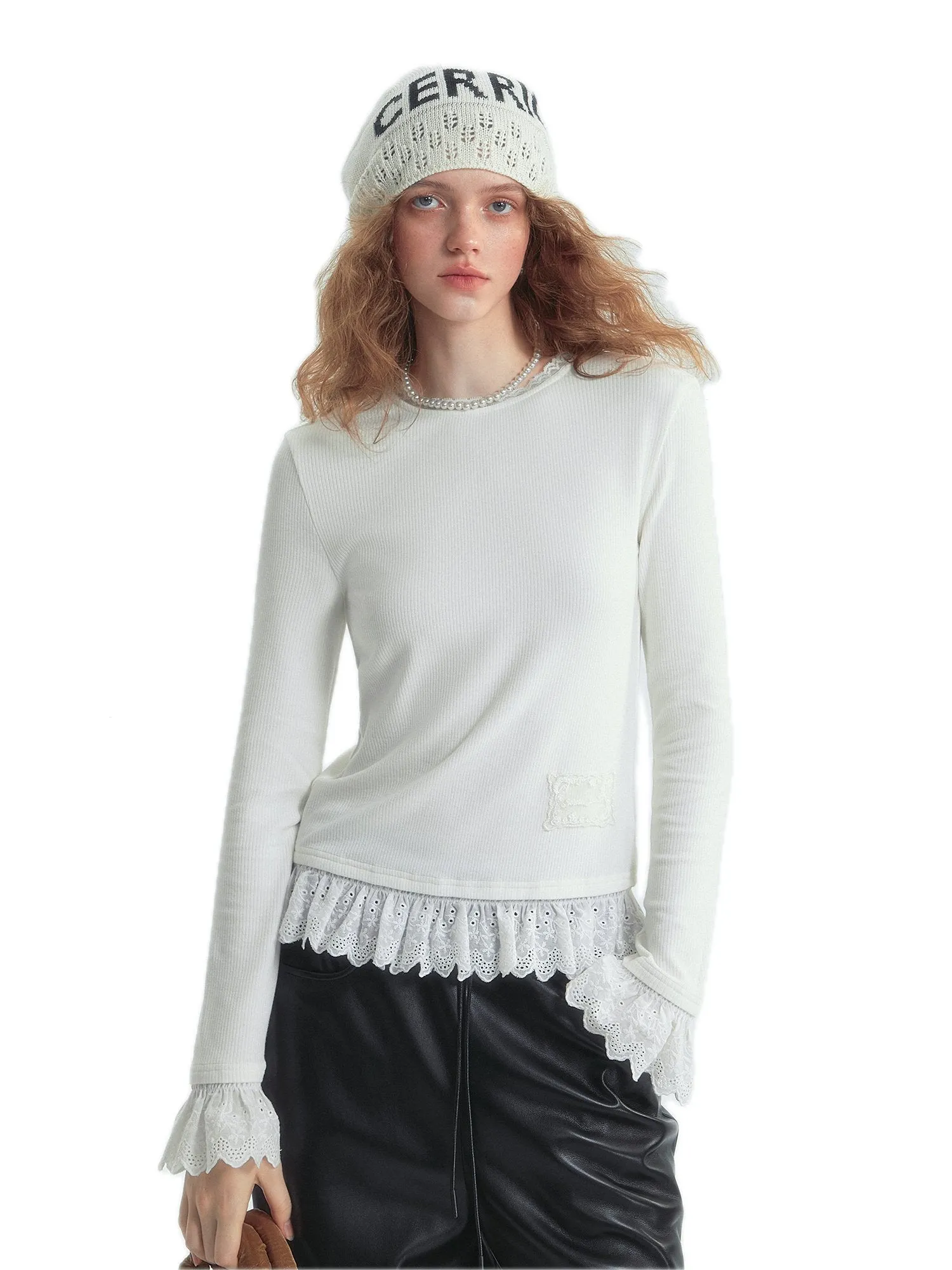 Petal Lace Warm Fleece Bottoming T-shirt