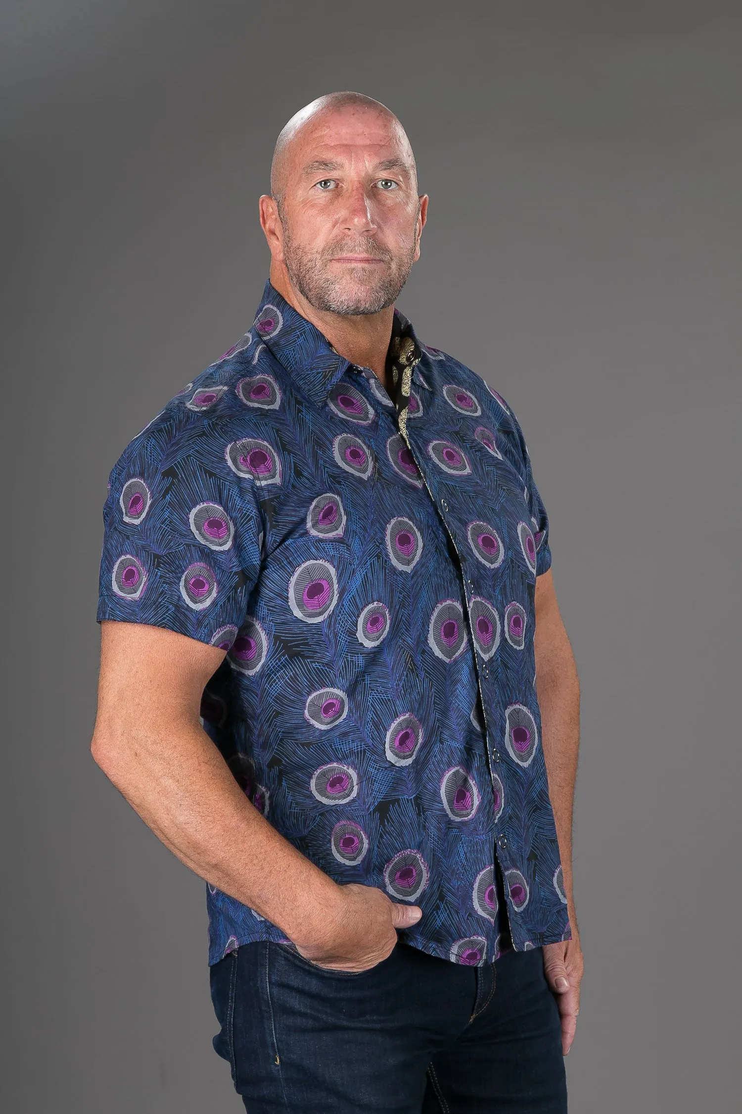 Reversible Peacock Black Print Cotton Slim Fit Mens Hawaiian Shirt Short Sleeve